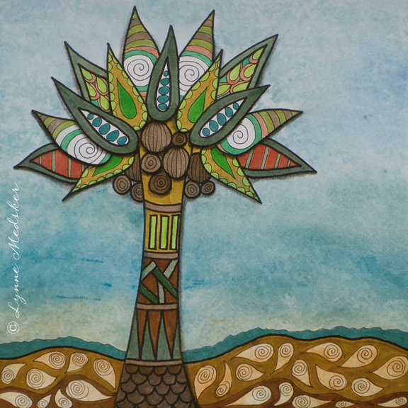 "Tropical Tree" mixed media (marker, watercolor, ink) on watercolor paper, 12x12" © Lynne Medsker