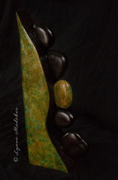 "Deviate" mixed media (wood, stones, ink) sculpture. 5x12" $245 © Lynne Medsker