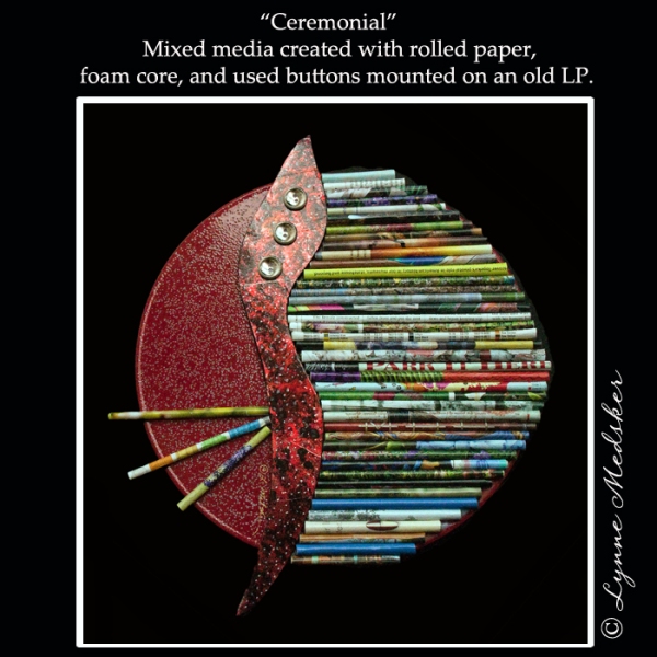 "Ceremonial" mixed media on an old LP © Lynne Medsker